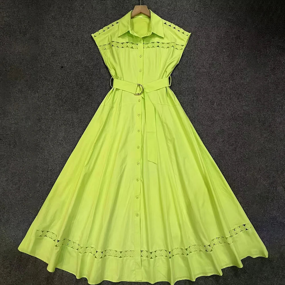 VGH Solid Color Patchwork Sashes Women's Party Dresses Lapel Short Sleeve High Waist Spliced Hollow Out Pleated Dress Female New