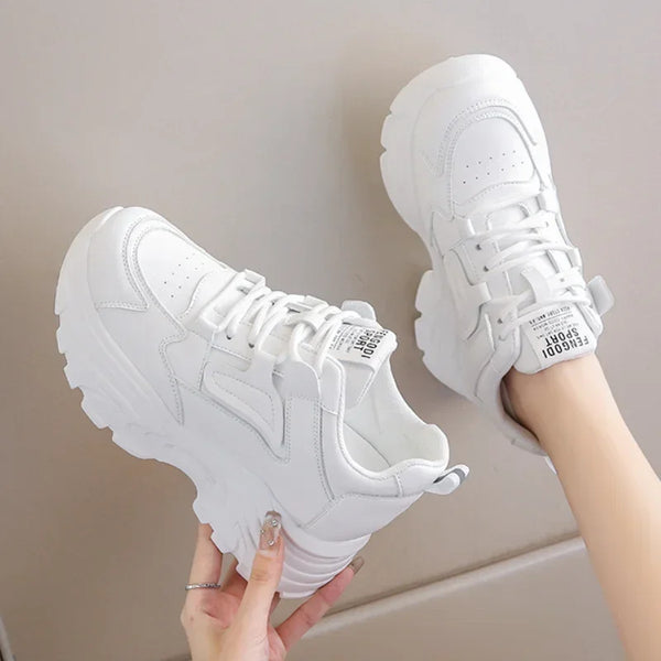 White Platform Women's Sneakers 2025 Autumn Lace-Up Thick Bottom Sports Shoes Woman Pu Leather Breathable Walking Shoes Female