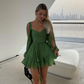 Unique Split Long Sleeves V Neck Woman Soft Mini Dress Sexy Lady Pleated Hem Green Short Dresses New Fall Beach Party Vestidos