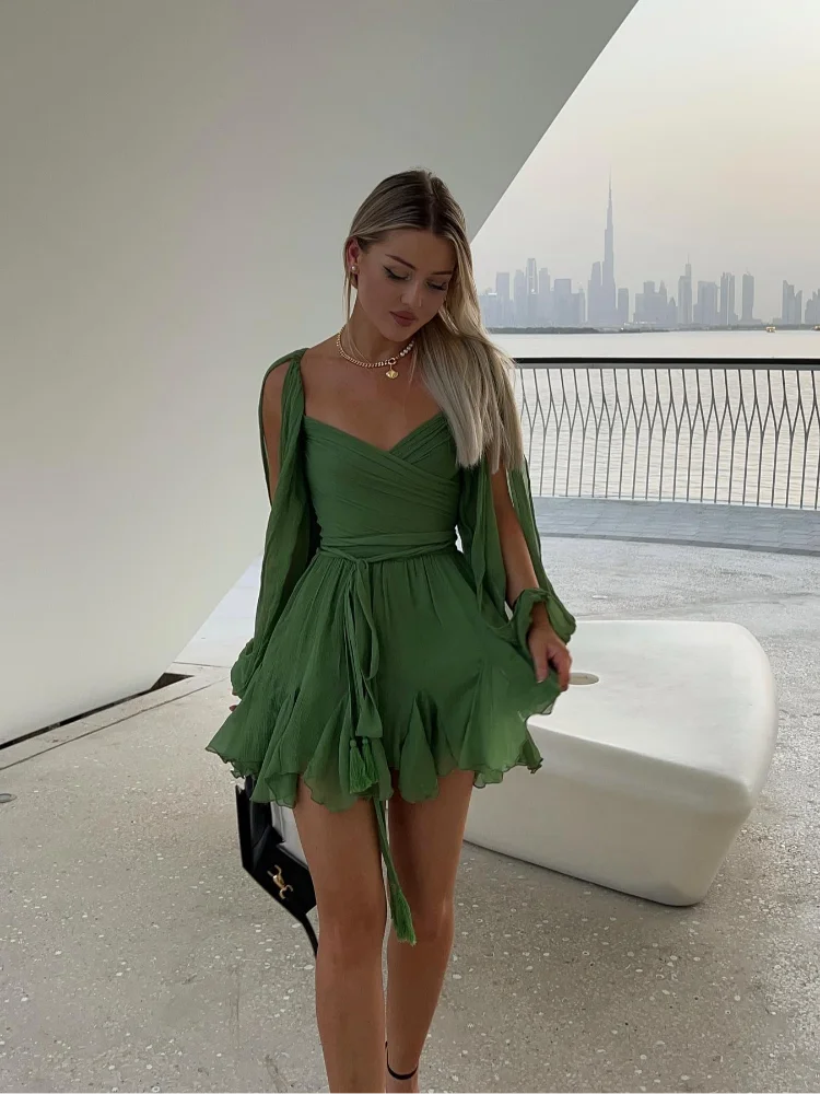 Unique Split Long Sleeves V Neck Woman Soft Mini Dress Sexy Lady Pleated Hem Green Short Dresses New Fall Beach Party Vestidos
