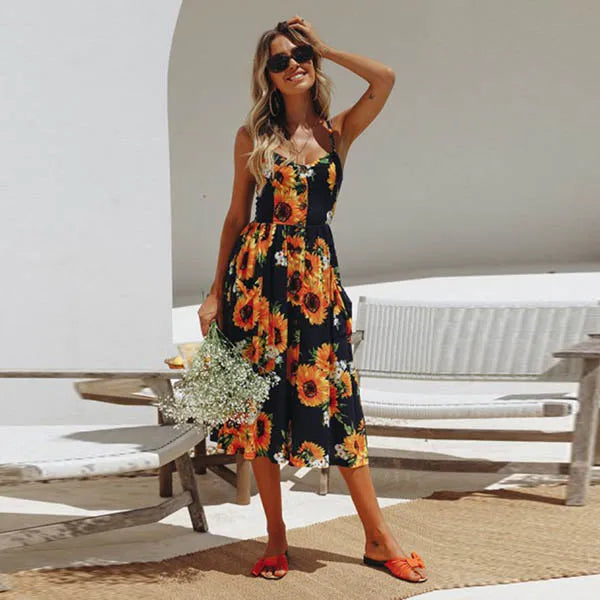 Summer New Women Sexy Sling Pocket Button Dot Beach Dress 2024 Female Bohemia Holiday Retro Fashion Solid Color Women's Clothing