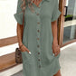 Women's Fashion Summer Minimalist V-neck Button Up Dress Woman Cotton Linen White Short Sleeved Pocket Casual Loose Shirt Dress