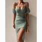 Spring/Summer New Flower Print Wrapped Chest Irregular Strap Dress Summer Short sleeved High slit Women's Party Clothing