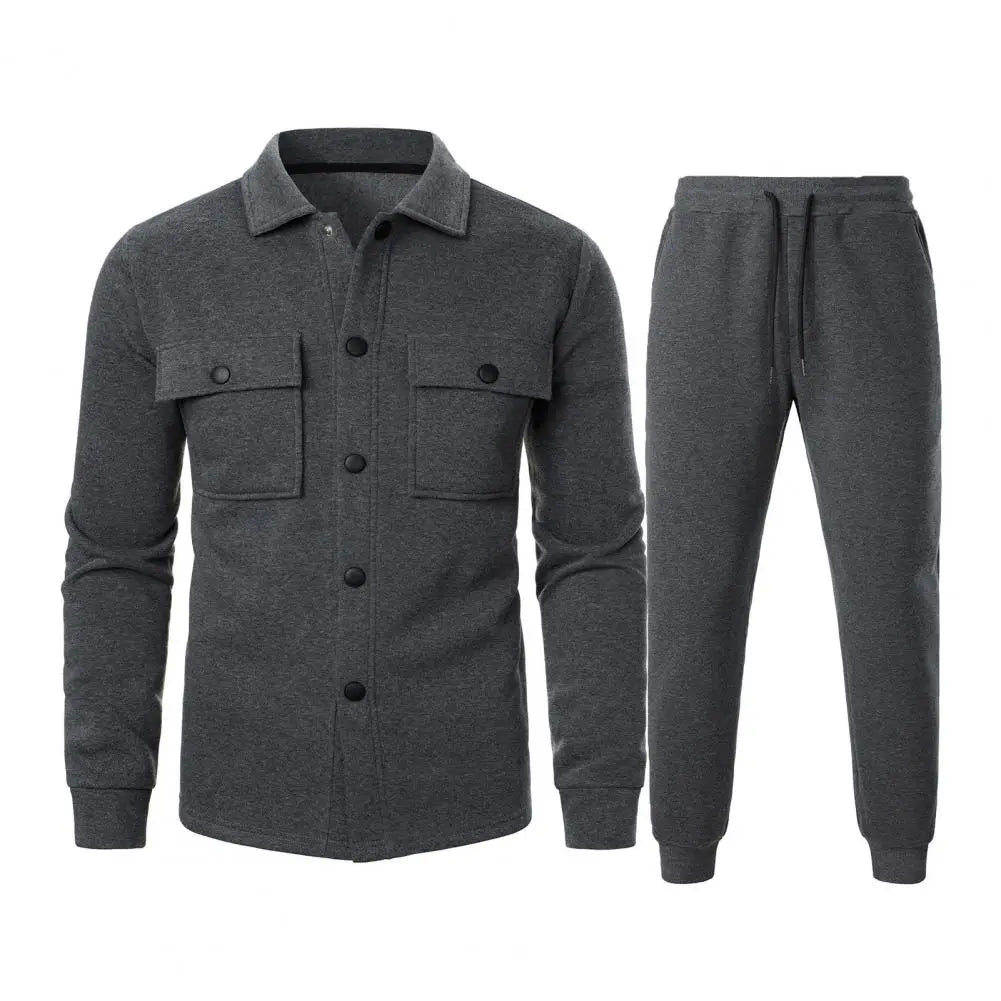 Men Two-piece Suit Set Winter Thick Warm Casual Suit Outfit Long Sleeve Coat Long Trousers Set Fashion Men's Activewear Outwear