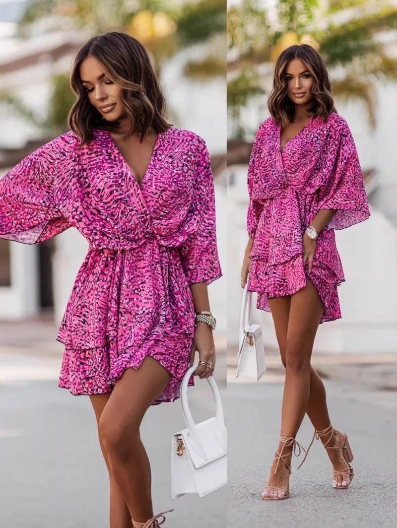 Elegant Summer Ruffl Mini Dress Office Dress for Women's Casual Bat Sleeve Flowers Print Bohemian Beach Vacation Sundress Women