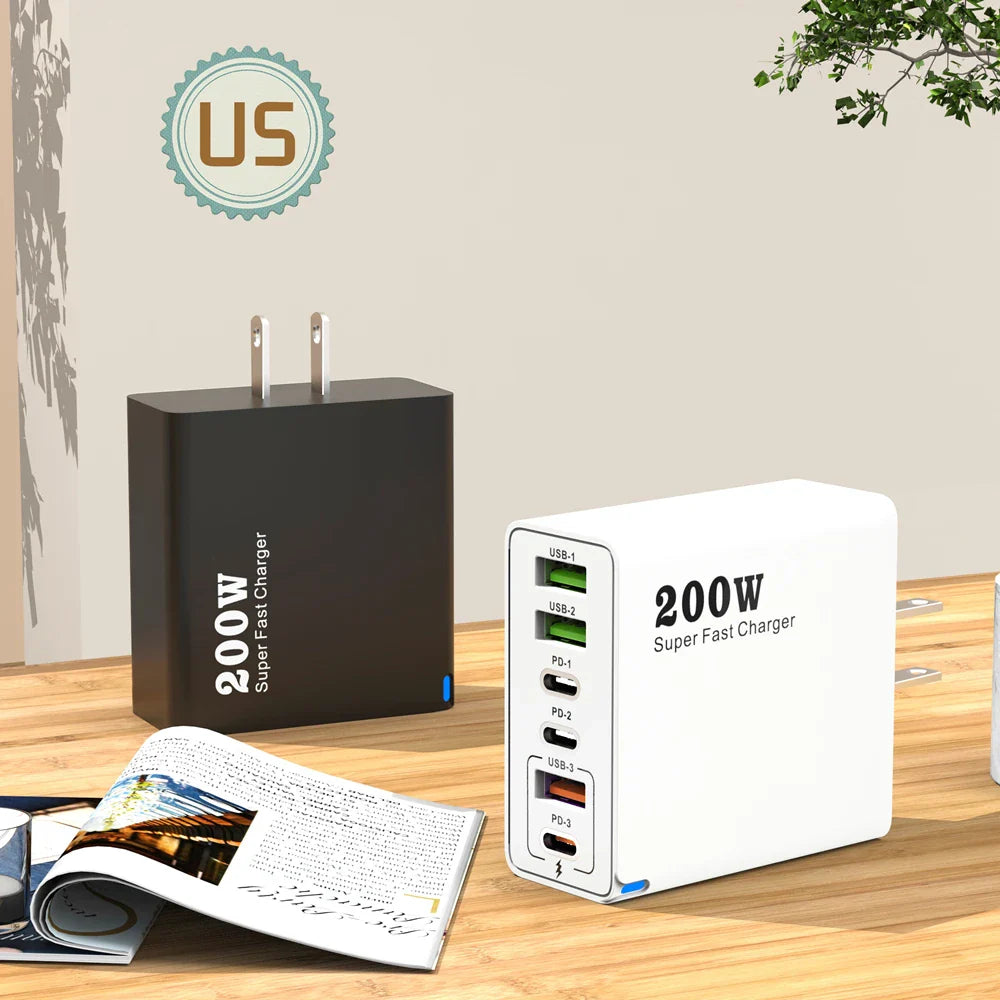 200 Вт 6-портовий USB C зарядний пристрій Супершвидка зарядка PD3.0 USB C Type C зарядний пристрій для мобільного телефону для iPhone 16 SE4 Samsung Xiaomi iPad