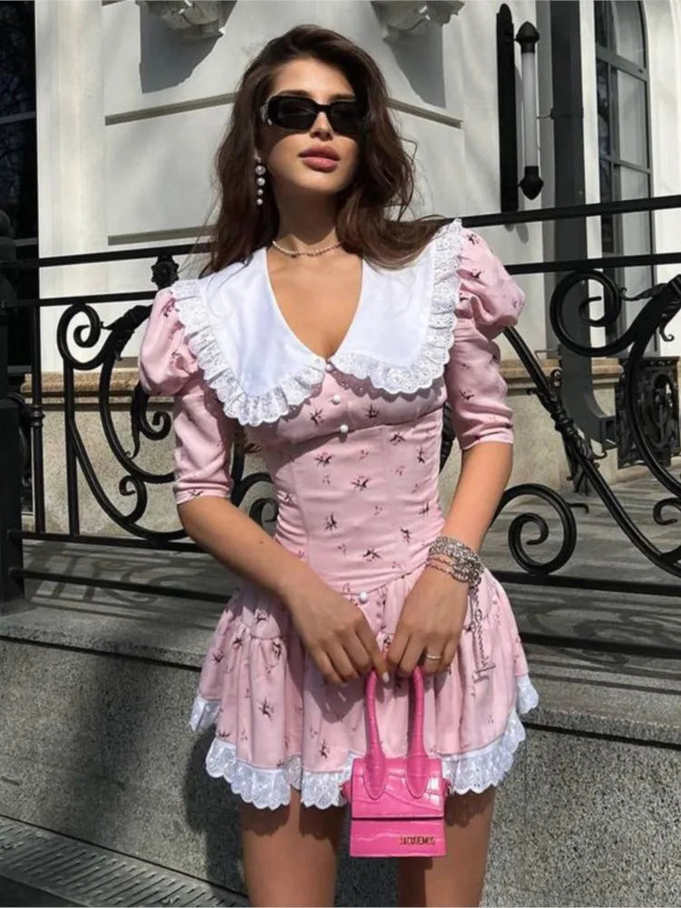 Summer Floral Printed Patchwork Mini Dress Female V-Neck Short Sleeve Slim Fashion Elegant Party Dresses Gown For Women Vestidos