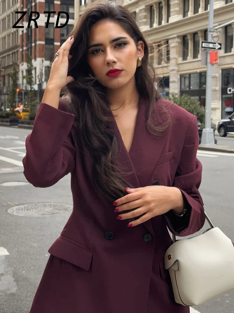 Vintage Women's Burgundy Blazers Elegant Lapel Double Breasted Pocket Full Sleeve Suit Jacket 2024 Autumn Lady Office Outwear