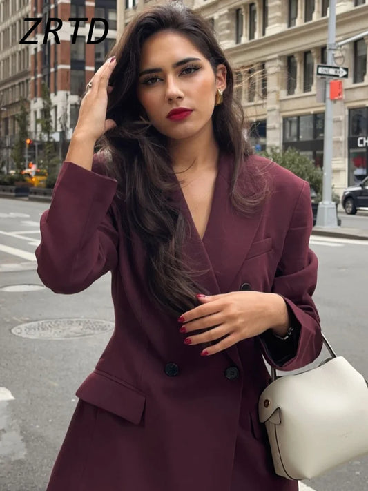 Vintage Women's Burgundy Blazers Elegant Lapel Double Breasted Pocket Full Sleeve Suit Jacket 2024 Autumn Lady Office Outwear
