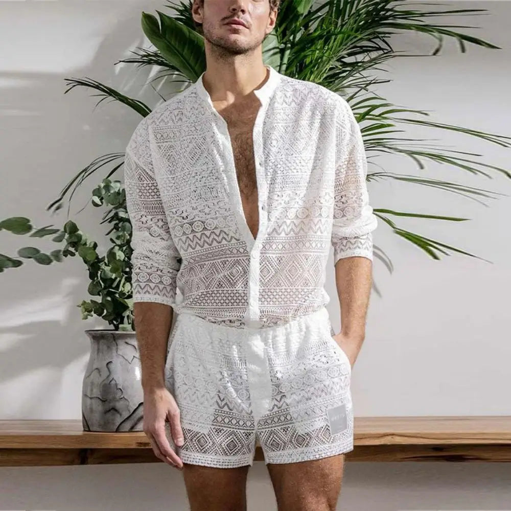 Mens Fashion Set Summer New Hollow Out Sexy Lace Shorts Pattern Print Shirt Two Piece Suits Trendy Elegant Beach Clothes Outfits