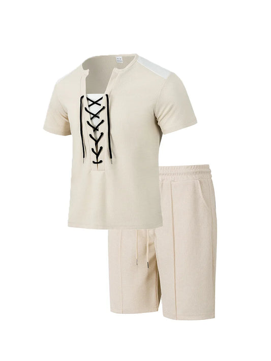 2025 summer men's new leisure fashion city wear rope round neck T trend Waffle short-sleeved shorts two-piece suit