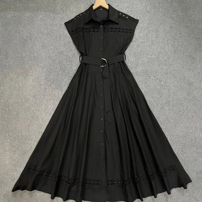 VGH Solid Color Patchwork Sashes Women's Party Dresses Lapel Short Sleeve High Waist Spliced Hollow Out Pleated Dress Female New