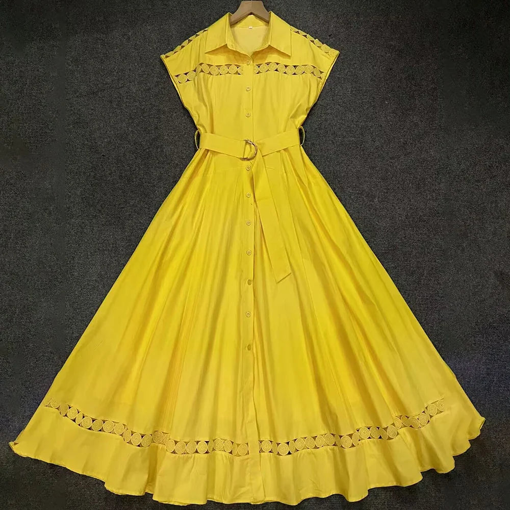 VGH Solid Color Patchwork Sashes Women's Party Dresses Lapel Short Sleeve High Waist Spliced Hollow Out Pleated Dress Female New