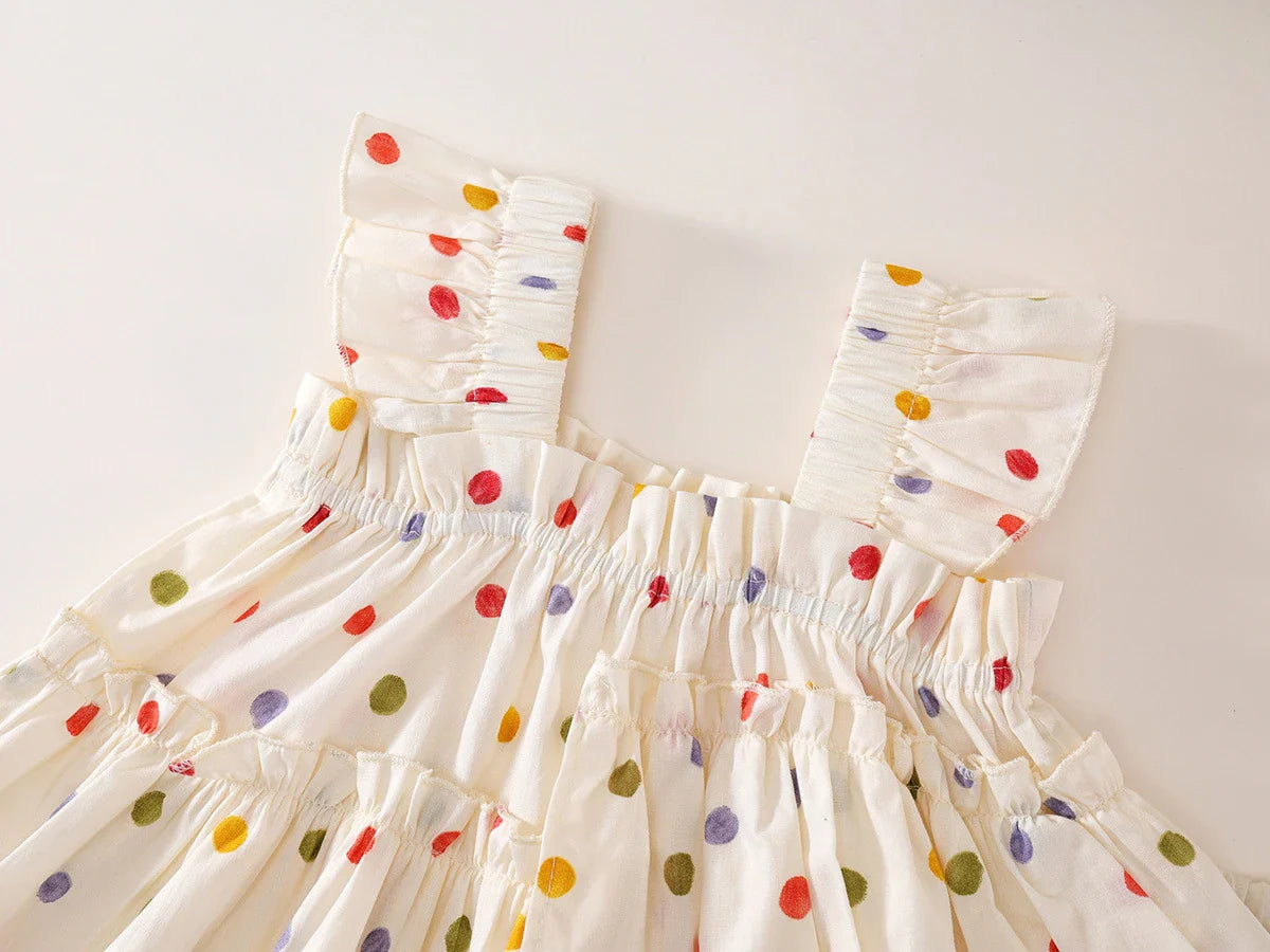 2025 Summer Korean Style All Cotton Girls’ Sweet Fashion Colorful Polka Dot Two-Piece Set - Halter Top & Wide Leg Pants