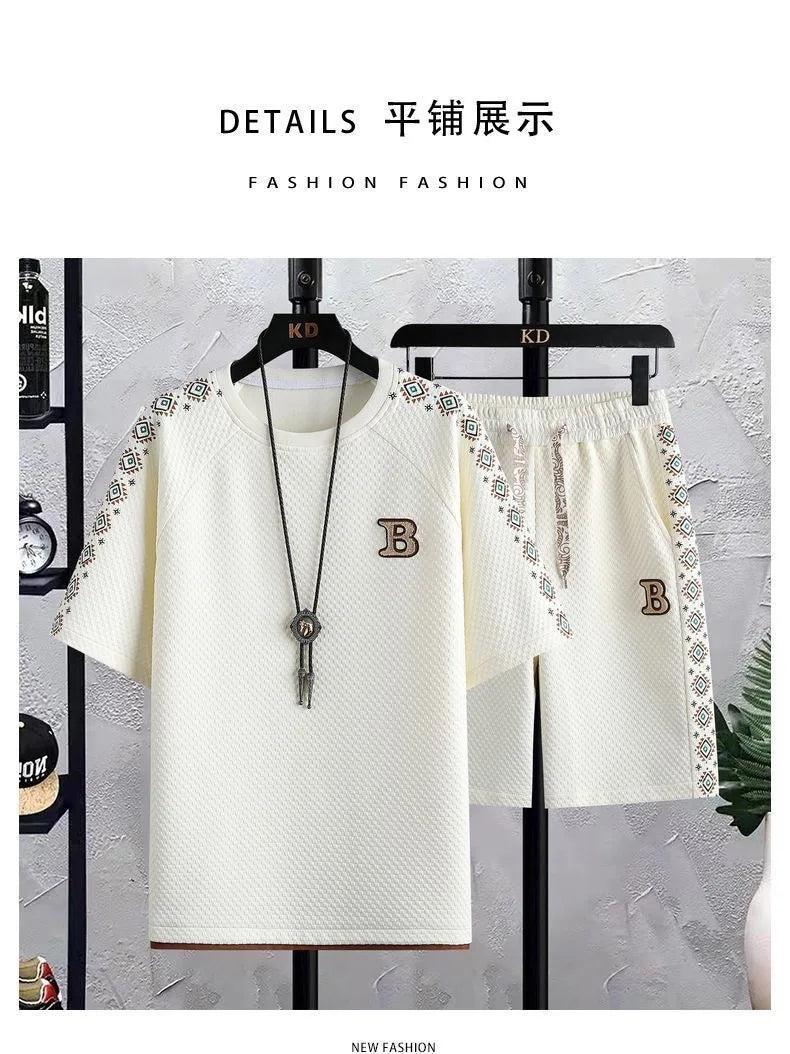 Summer New Fashion Trend Short Sleeve Shorts Ice Silk Suit Men Loose Sports Breathable Large Size High Quality Two-Piece Set
