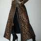 PU Leather Leopard Pattern Zipper Pocket Trench Coat