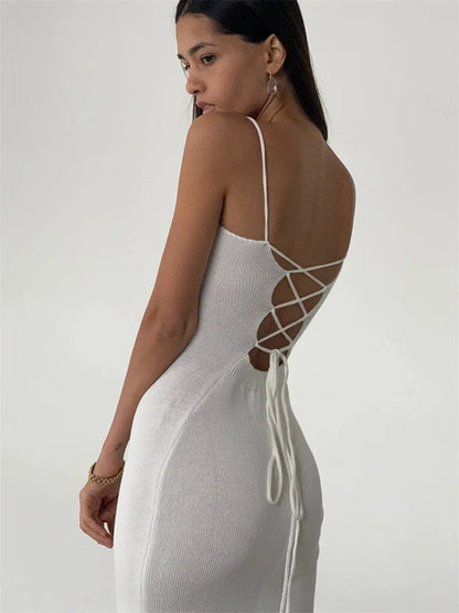 Cryptographic Sexy Backless Bandage Knitted Dress Elegant Outfits for Women Sleeveless Club Party Birthday Slip Dresses Clothes