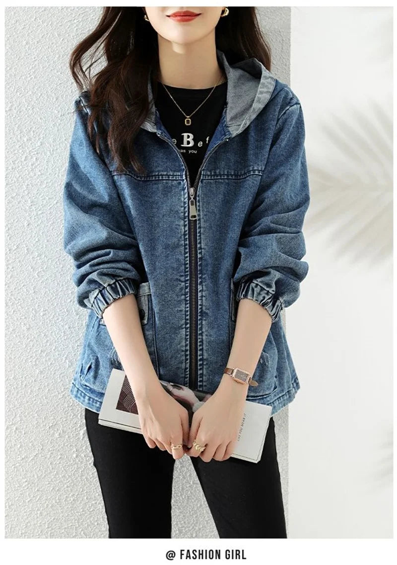Women Denim Jacket New Spring Autumn Long Sleeve Tops Female Casual Hooded Jeans Jackets Women Big pocket Cowgirl Outerwear