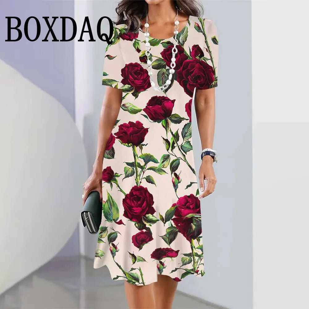 Fashion Flowers Printed Dress Clothing Women's Short Sleeve Summer Elegant O-Neck Mini Dresses Loose Streetwear 2025 New Spring