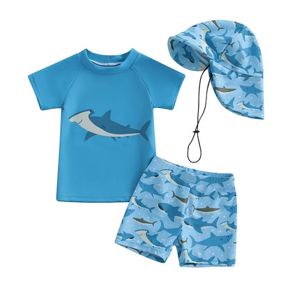 Toddler Baby Boys Rash Guard Swimsuit Set Shark/Duck Print Short Sleeve Round Neck Tops with Shorts and Swim Hat 3 Pcs Set