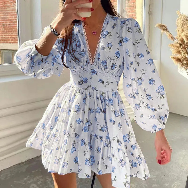 Spring  Autumn Women's New Dress Temperament Sweet Print V-neck Lantern Sleeve Lace High Waist Short Dress