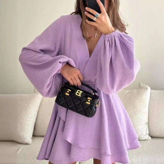 Talenza Ruffle V Neck Long Sleeve Mini Dress Women's Fashion Sexy Loose Dress Elegant Ruffle High Waist Casual Slim Party Dress
