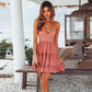 Women Summer Dress Solid Color Crochet Spaghetti Strap V-Neck Backless Tied Braces Short Dress for Girls White
