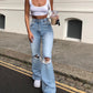 High-waisted Retro Stretch Women Pants Winter Edition New Style Ripped Bell Bottoms High Waist Straight Cylinder Wide Leg Jeans