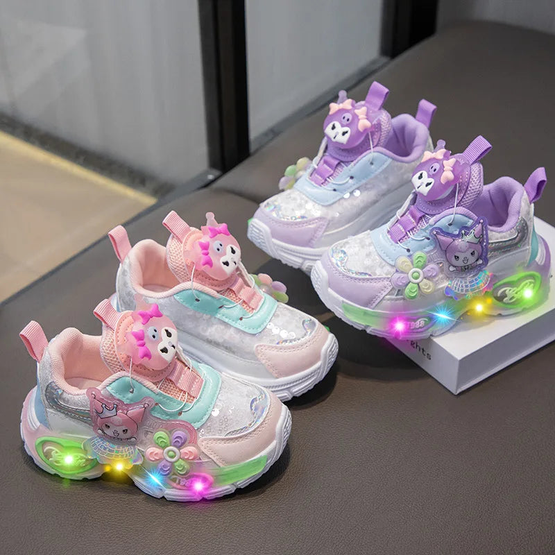 Sanrio Hello Kitty весняно-осіннє дитяче нове спортивне взуття принцеси з підсвічуванням, повсякденне взуття для дівчаток з обертовою кнопкою для бігу