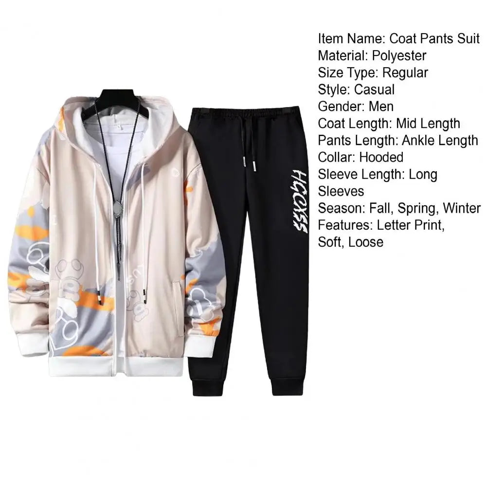 2 Pcs/Set Men Coat Pants Suit Hooded Letter Print Drawstring Loose Jogging Set Hip Hop Ankle-banded Men Sportwear Tracksuit