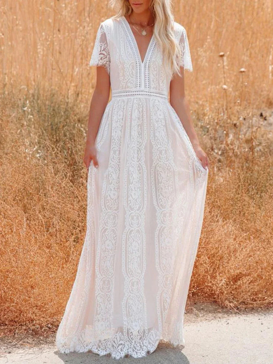 Jastie 2025 Summer Boho Women Maxi Dress Loose Embroidery White Lace long Tunic Beach Dress Vacation Holiday Women Clothing