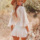 White Lace Tunic Sexy Deep V Neck Button Bikini Cover-ups Women Clothes 2025 Summer Sexy Ruffles Long Sleeves Mini Dress A1132