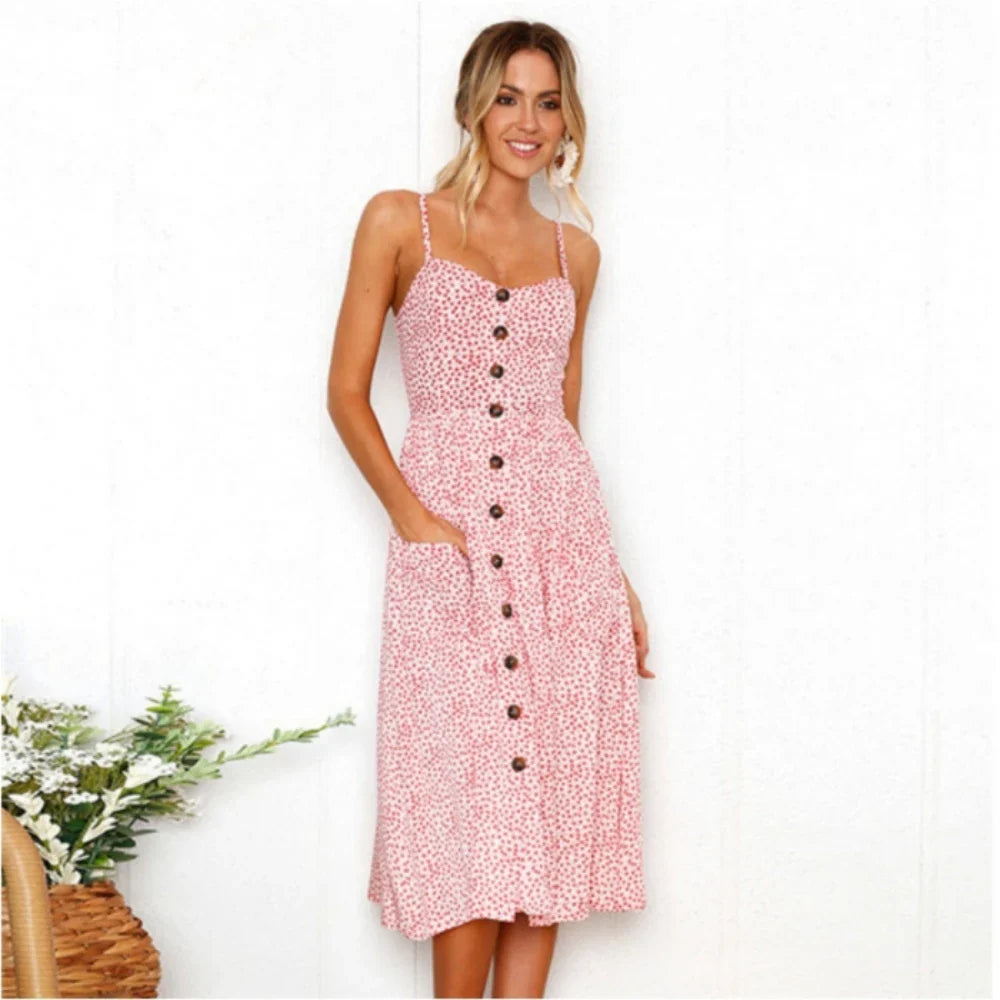 Summer New Women Sexy Sling Pocket Button Dot Beach Dress 2024 Female Bohemia Holiday Retro Fashion Solid Color Women's Clothing