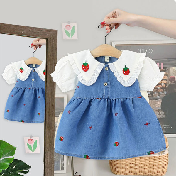 Summer baby clothes for newborn girls baby denim strawberry embroidered dress infant girl cloth 1st birthday party dresses dress