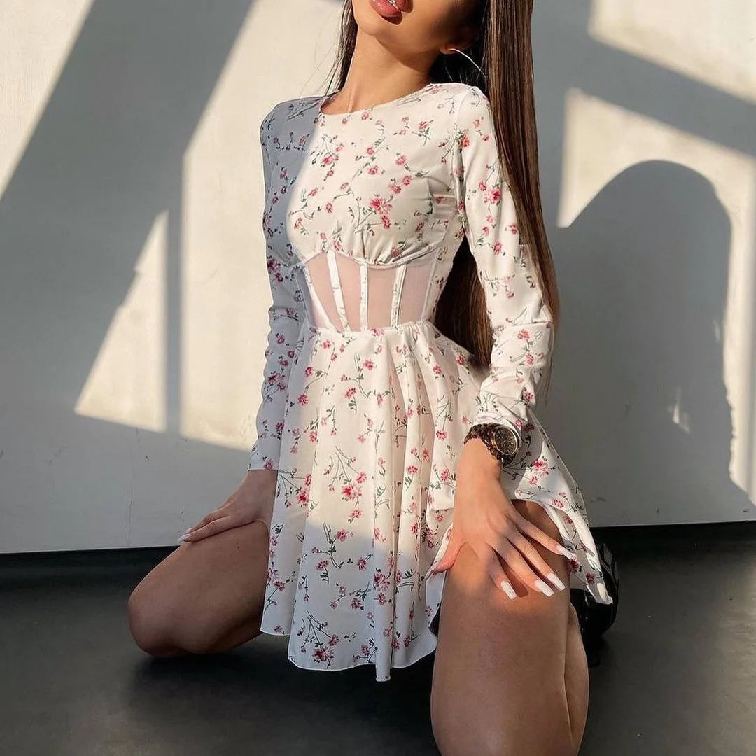 Flower Print Tunic Mini Dress Summer Women O Neck Long Sleeve A Line Robe Femme Mesh Patchwork Vestidos Elegant Ladies Dresses