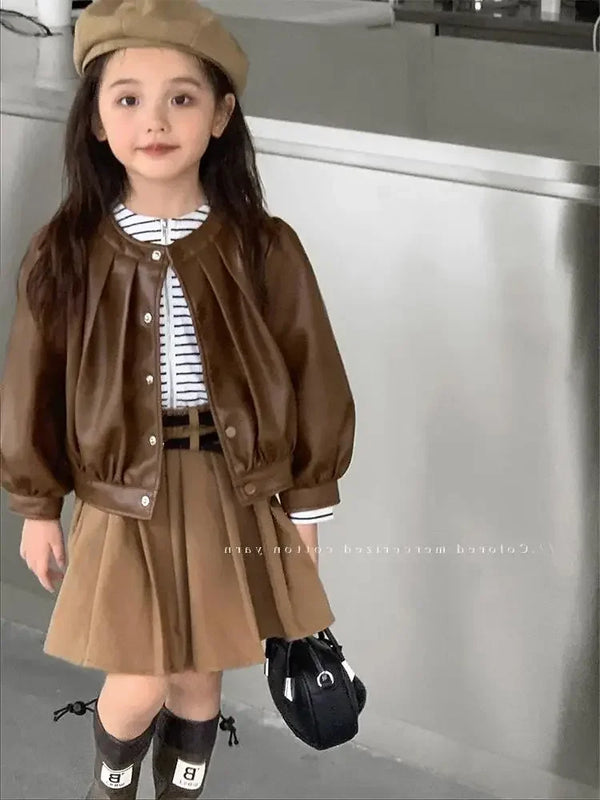 Spring New Girls Leather Jackets for 2-8 Years Children Classics Round Neck Coats Kids Clothing Baby Girls Fashion Pu Outerwear