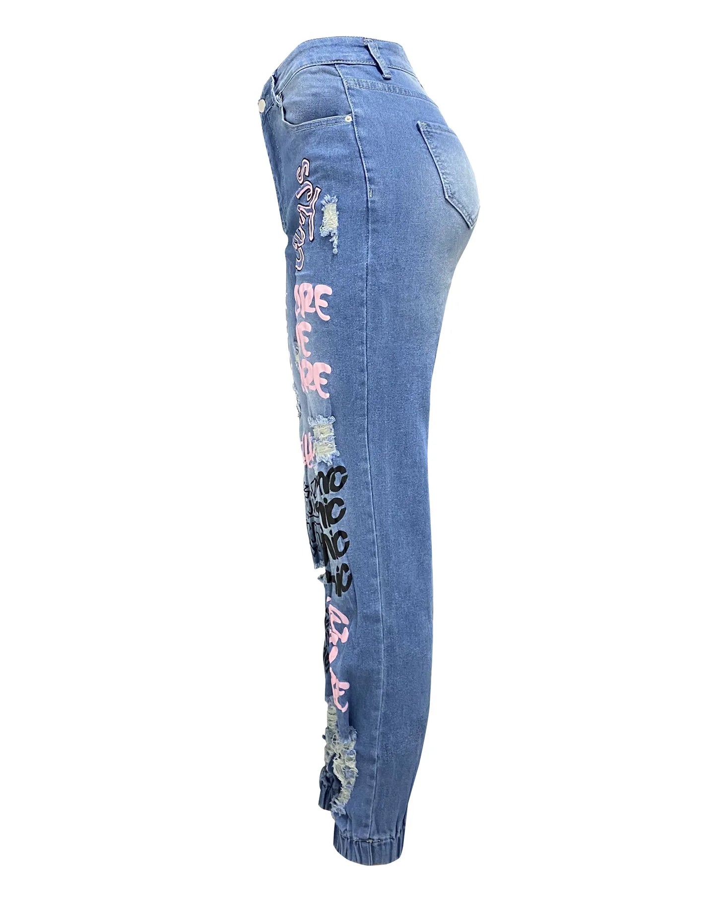 Women Denim Jeans Ankle Length Print Holes Pencil Pants Pockets Washing Slim Basics Zipper Fly Spring Flat Slight Strech
