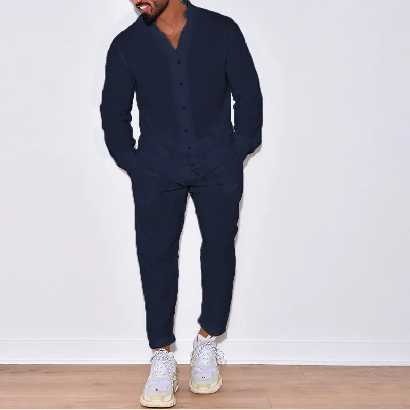 Europe and the United States men's new casual suit men's 100% cotton monochrome autumn fashion home loose long-sleeved shirt