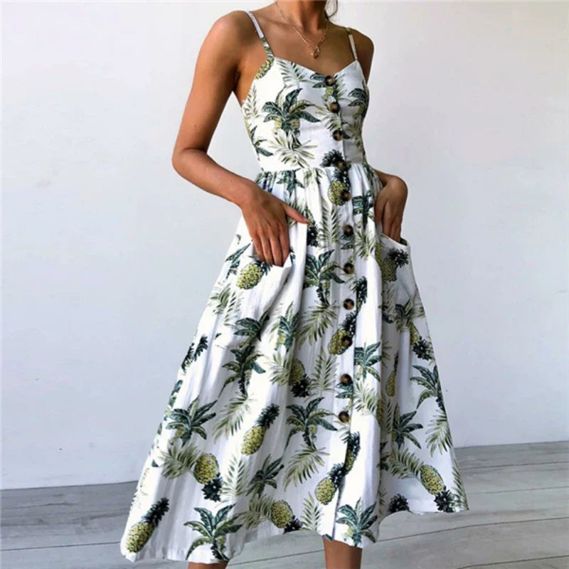 Summer New Women Sexy Sling Pocket Button Dot Beach Dress 2024 Female Bohemia Holiday Retro Fashion Solid Color Women's Clothing