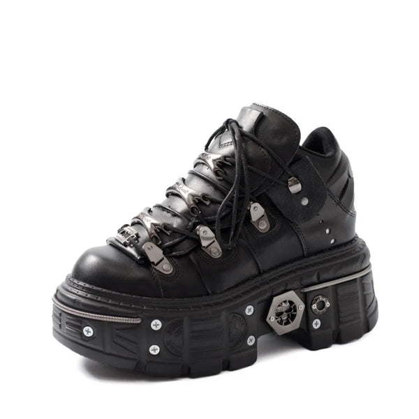 Fashion Women Punk Platform Shoes for Woman's Lace-Up Round Toe Metal Decoration Thin Heels Sneakers Gothic Party Nightclub Shoe