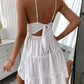 Women Summer Dress Solid Color Crochet Spaghetti Strap V-Neck Backless Tied Braces Short Dress for Girls White