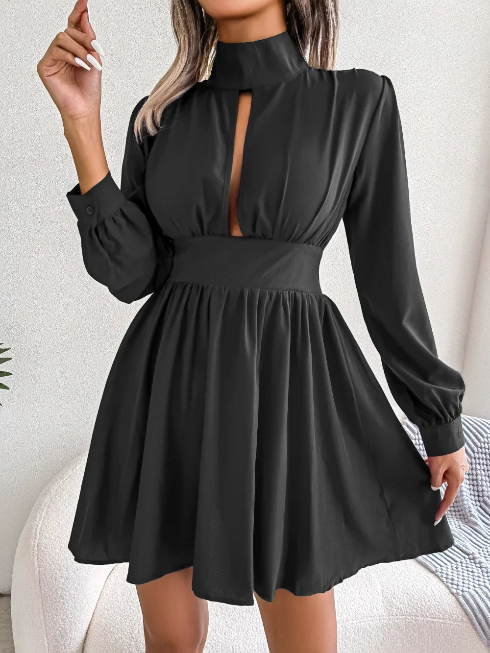 Spring And Autumn Style Long Sleeved Dress Short Skirt Sexy Chest Hollow Half Collar Waist Cinching Big Swing Pullover Red Dress