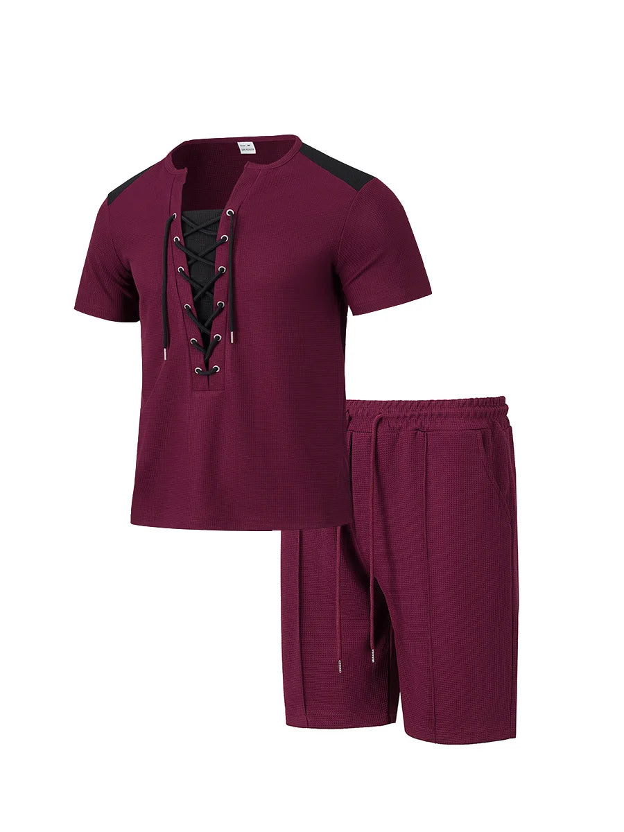 2025 summer men's new leisure fashion city wear rope round neck T trend Waffle short-sleeved shorts two-piece suit