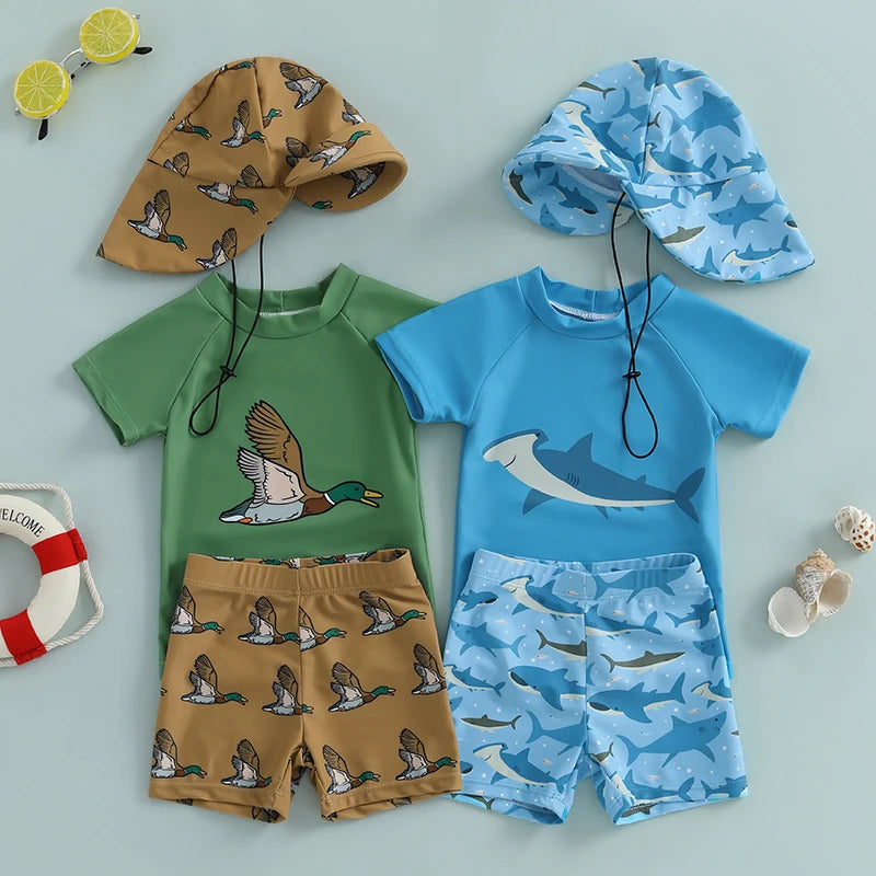 Toddler Baby Boys Rash Guard Swimsuit Set Shark/Duck Print Short Sleeve Round Neck Tops with Shorts and Swim Hat 3 Pcs Set