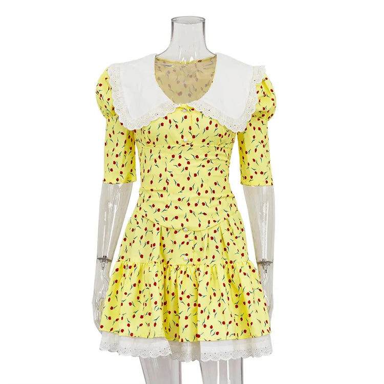 Summer Floral Printed Patchwork Mini Dress Female V-Neck Short Sleeve Slim Fashion Elegant Party Dresses Gown For Women Vestidos