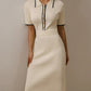 Women's White Knit Maxi Dress, Short Sleeve, Patchwork, Elegant Party Dress, Knitwear Lapel, High Street, Fashion