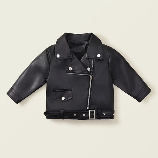 Girls' Long Sleeved Big Collar Leather Jacket Autumn New for Boys Children Korean Version Cool Girl Motorcycle Jacket Kids Coat
