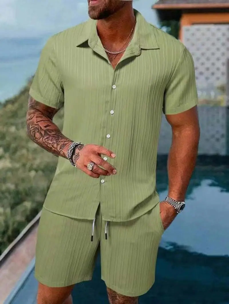 Spring and summer Europe and the United States new men's striped jacquard beach suit loose shorts shirt