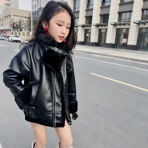 2024 Girls  Jacket  Leather Motorcycle  Kids Coats Fleece   Children  Jacket  Winter Autumn