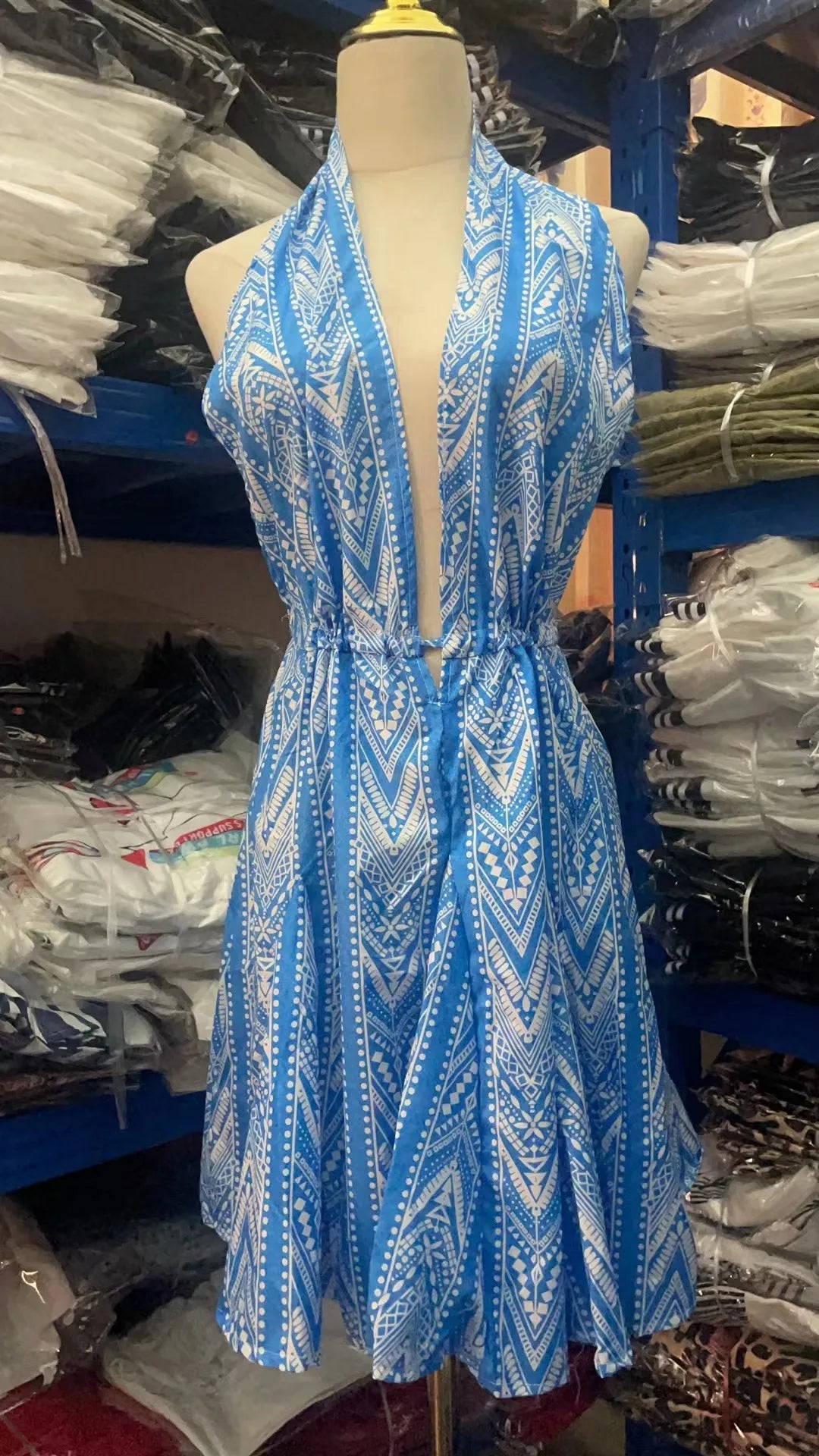 Sexy Halter Neck Beach Dresses For Women Printed Deep V-neck Backless Mini A-line Dress Chic Party Vacation Casual Lady Vestidos